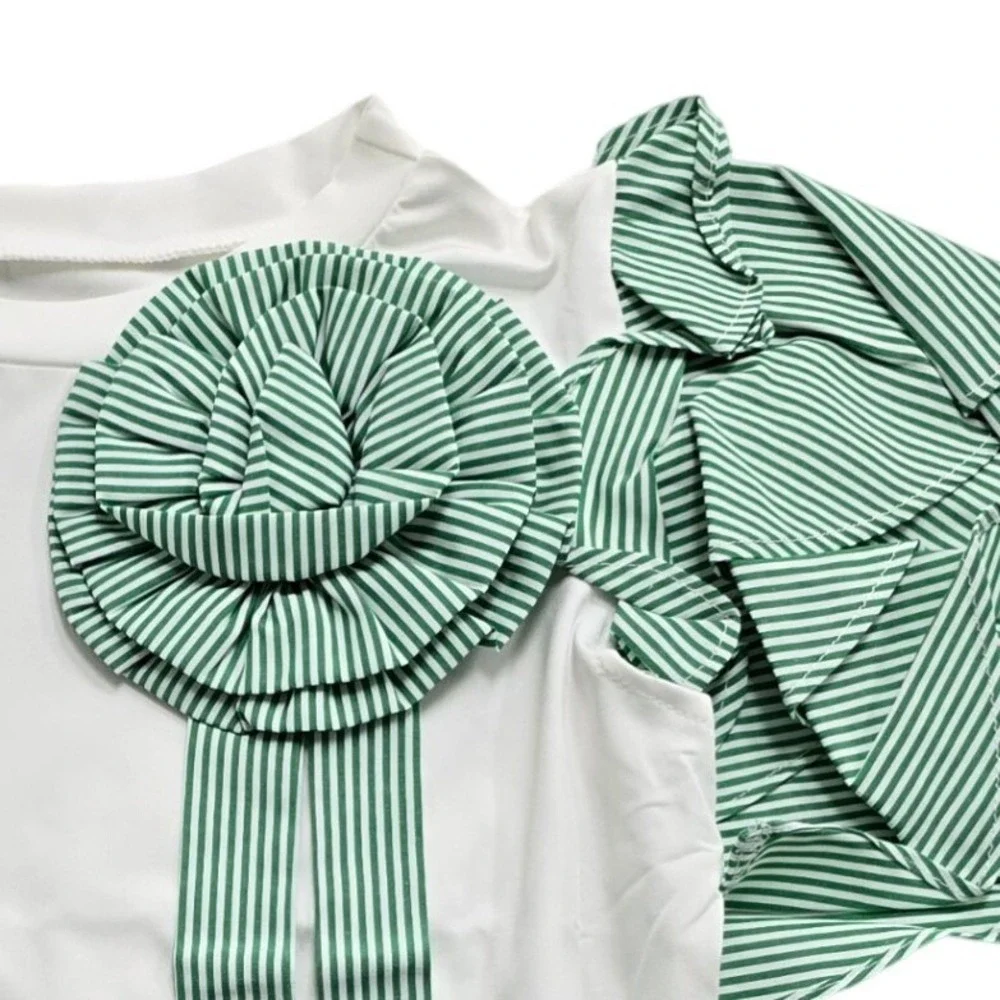 2 Piece Striped Palazzo Pants Set Rosette Top Wide Leg Green White Womens L NIP
